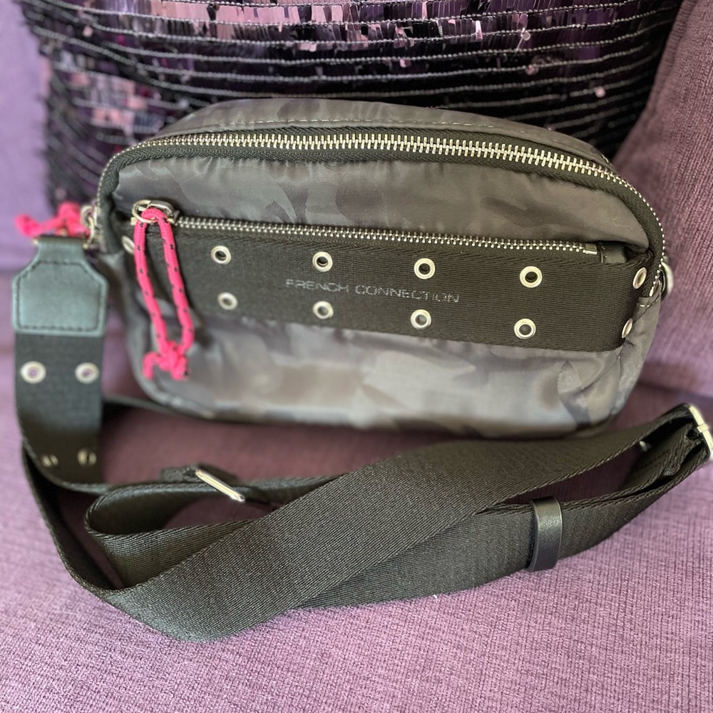 French Connection Cross Body Mini Bag Dark Grey with Camo Print & Pink ties - Picture 7 of 8